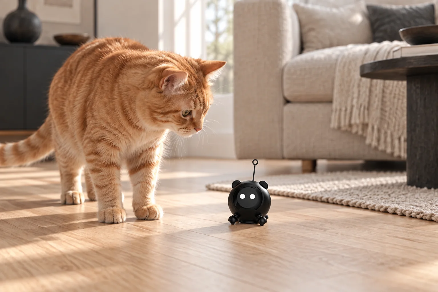 Illustrative generated lifestyle scene: A curious cat beside the black MI-1