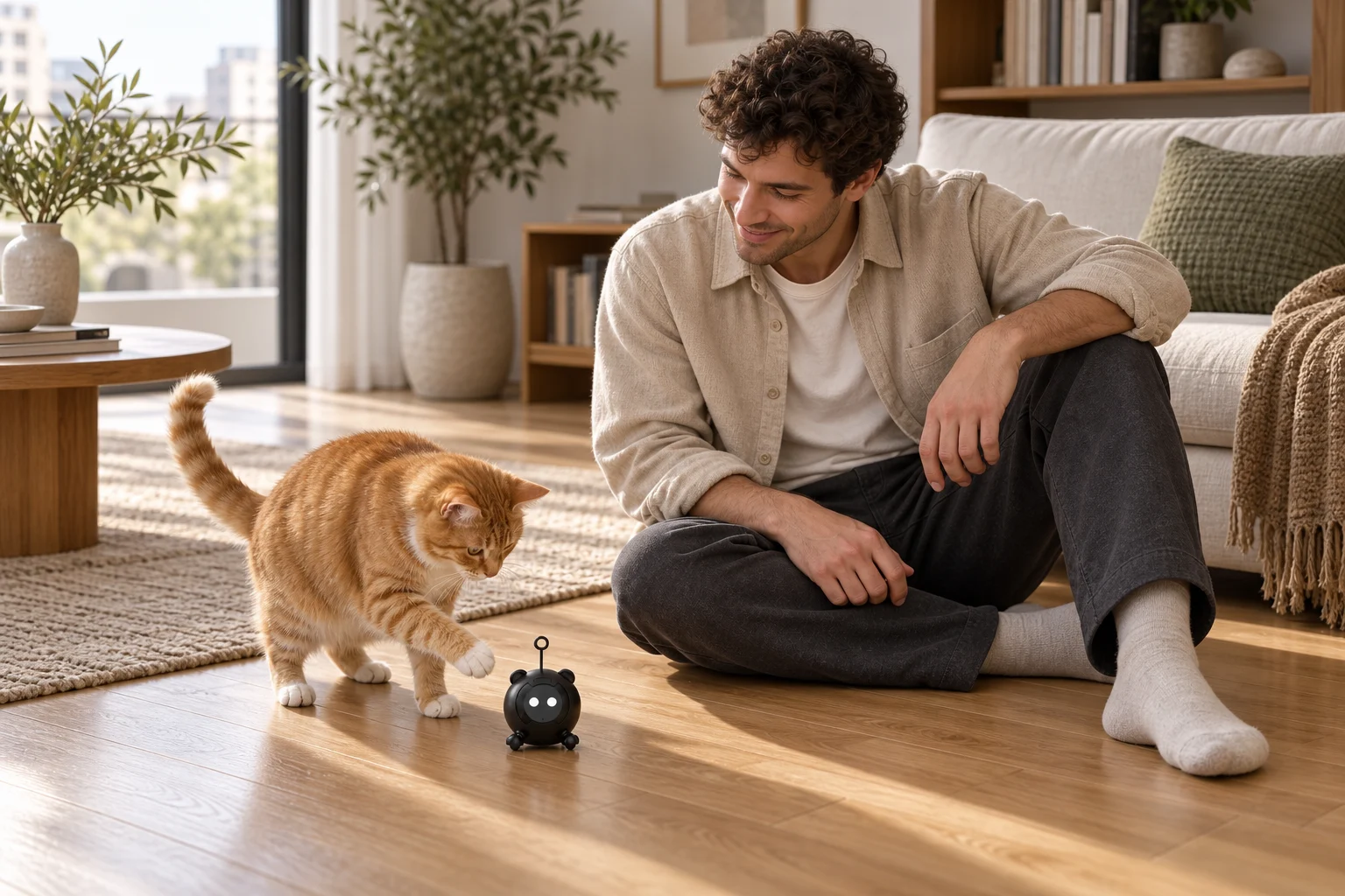 Illustrative generated lifestyle scene: A man and ginger cat watching the small black MI-1 on the floor