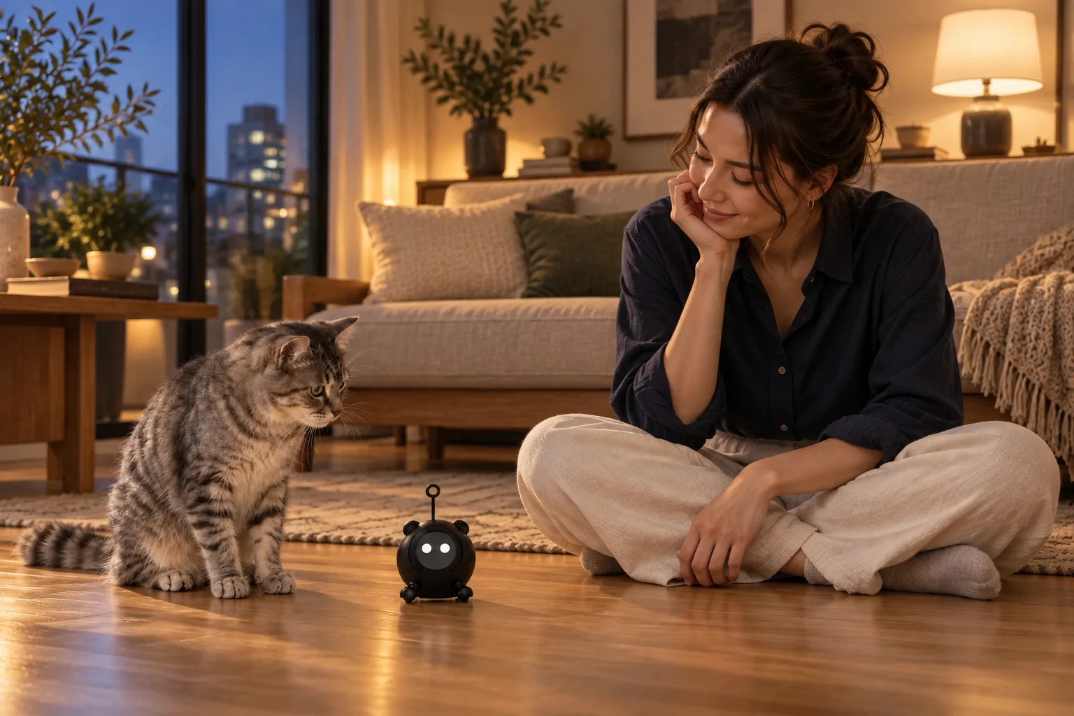 Illustrative generated lifestyle scene: A woman and tabby cat with the small MI-1 in a softly lit evening living room