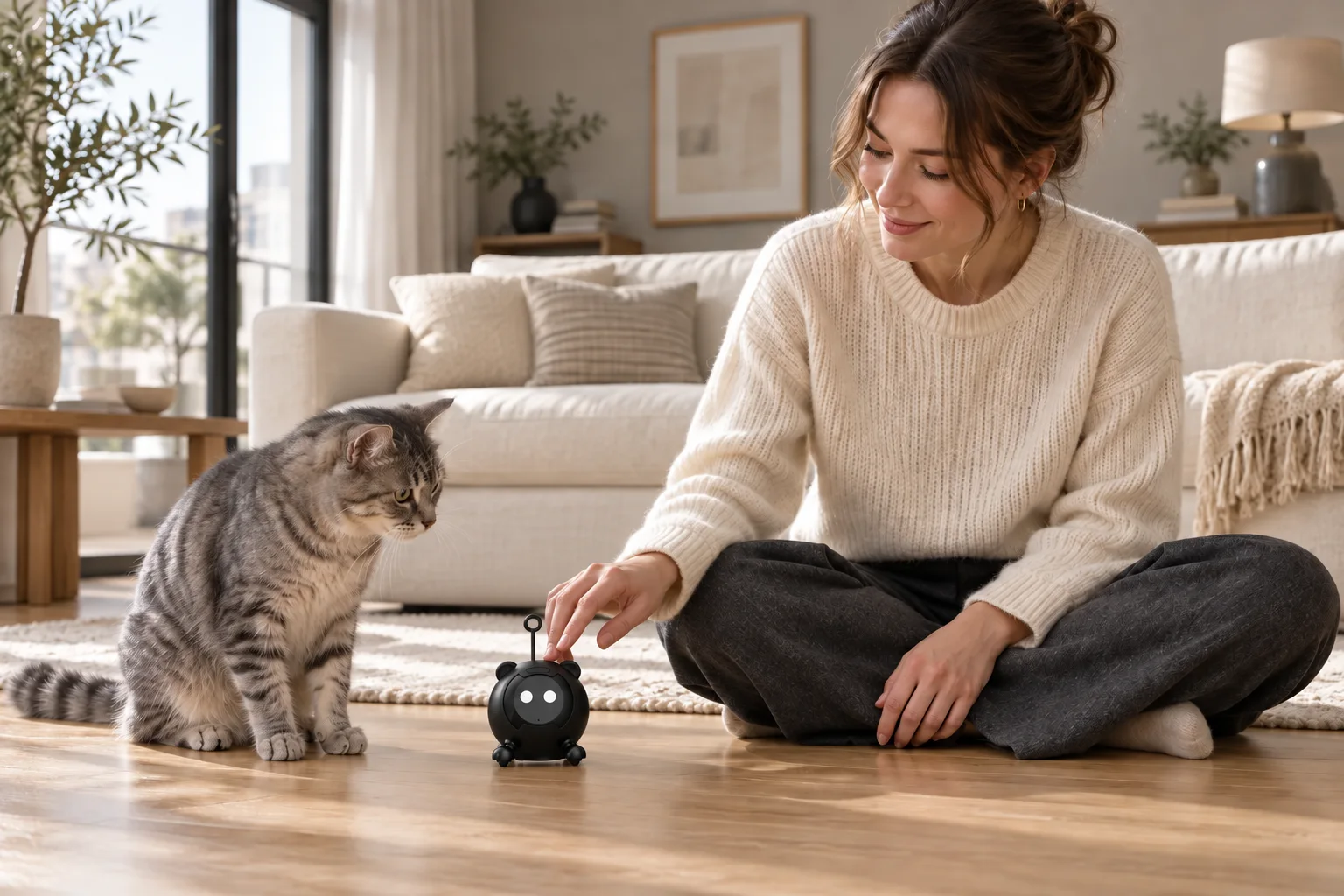 Generated scene showing the palm-sized black MI-1 beside a woman and her cat