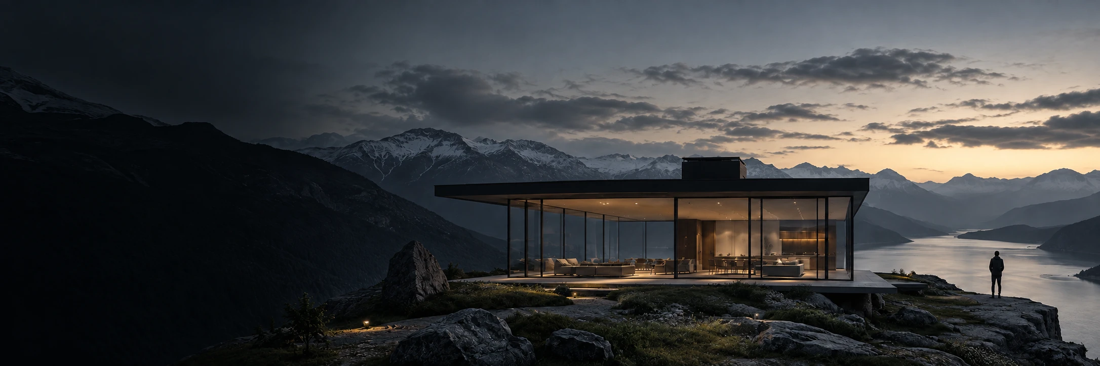 A modern home overlooking a mountain lake