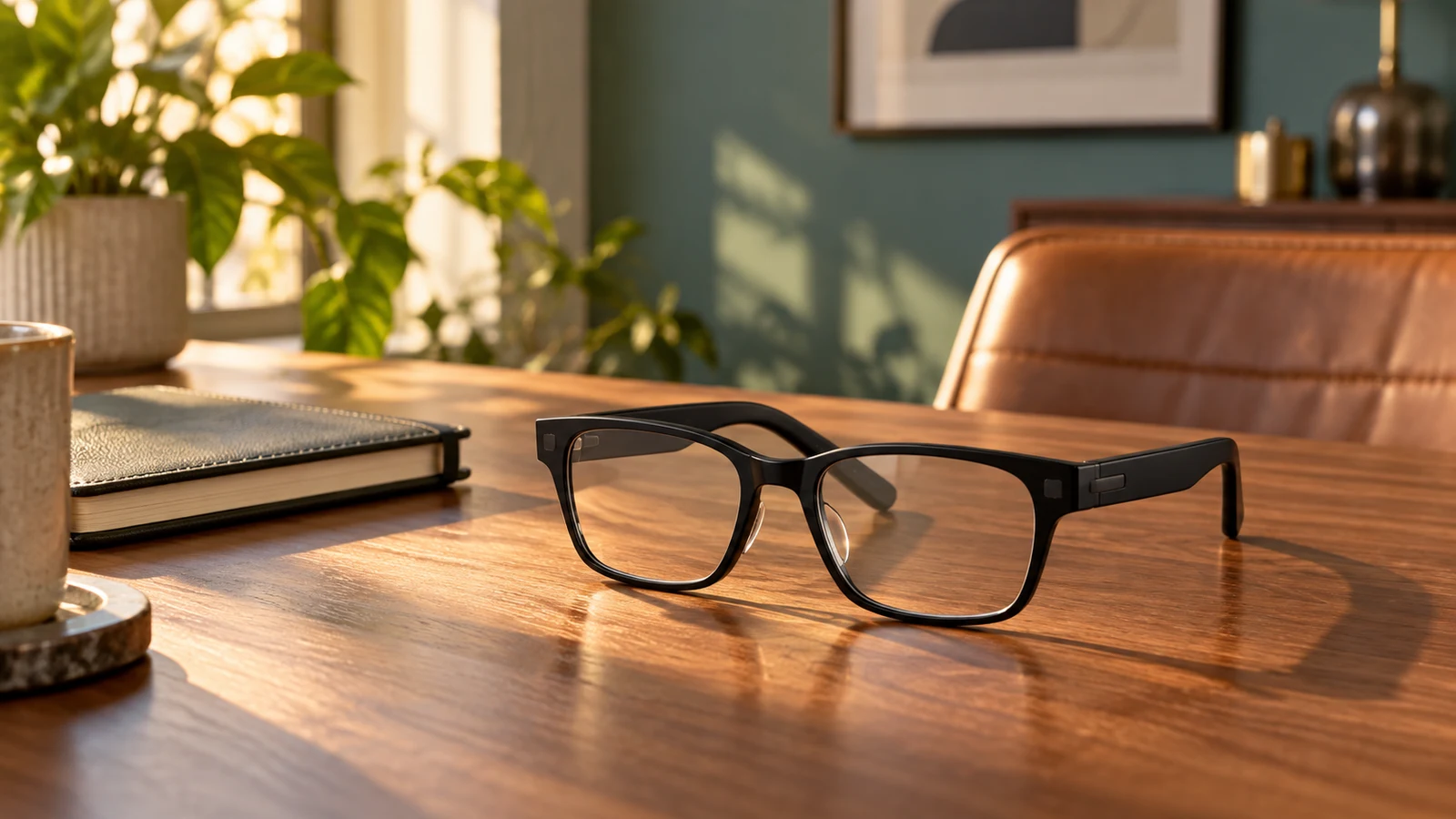 Display glasses on a sunlit desk — generated lifestyle concept