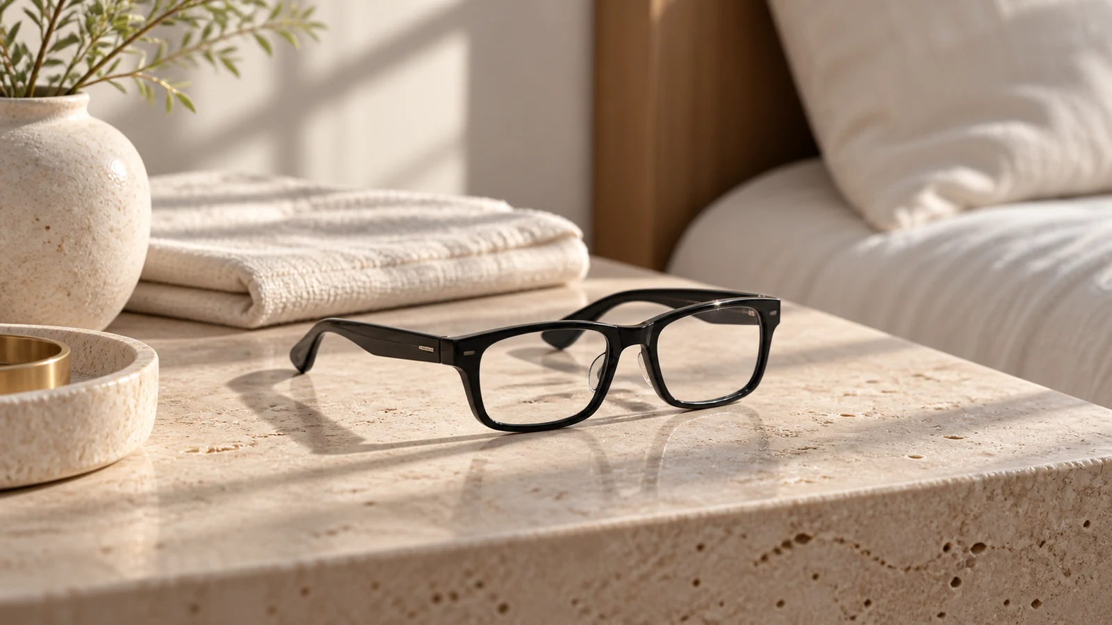 Display glasses on a pale stone side table — generated lifestyle concept