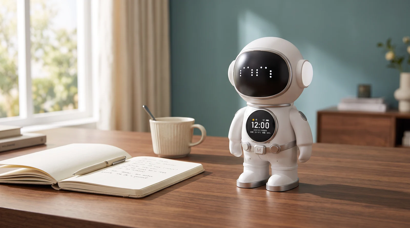 Astronaut companion on a desk beside a notebook — generated lifestyle concept