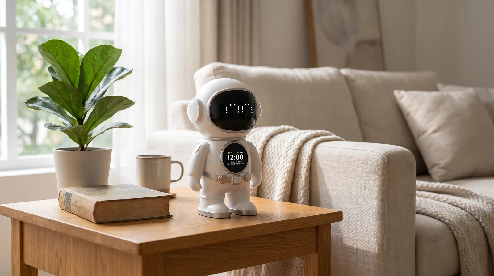 Astronaut companion on an oak side table beside a sofa — generated lifestyle concept