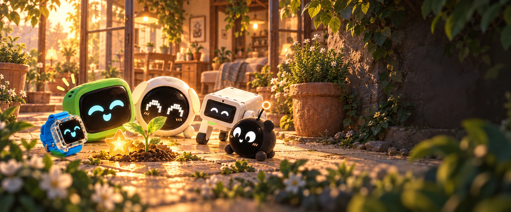 The illustrated Electric Hearts fleet gathered around a small seedling in a golden garden