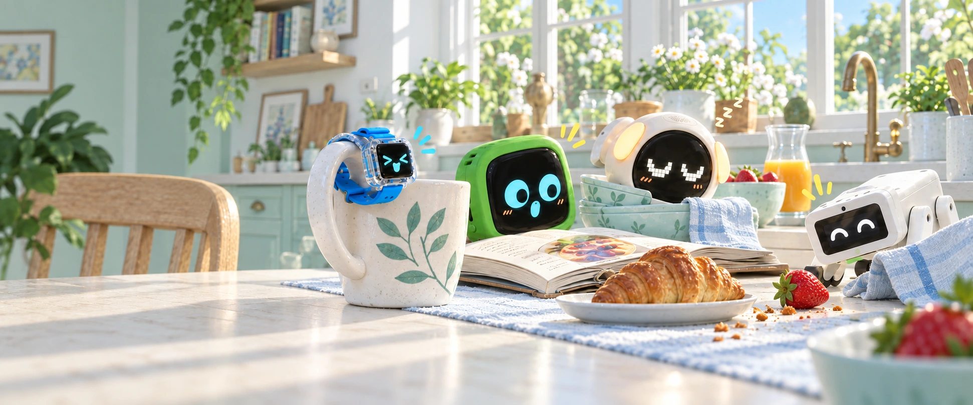 The little companions share a funny morning at their kitchen breakfast corner