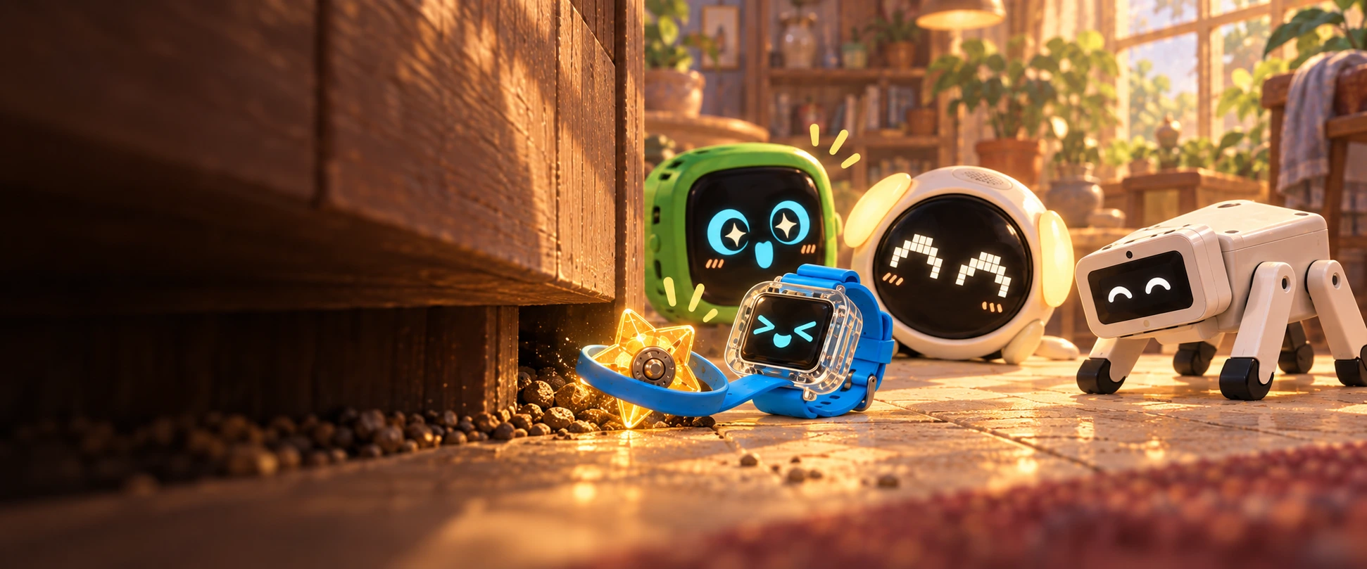 The tiny blue watch retrieves a glowing star while the other companions encourage it