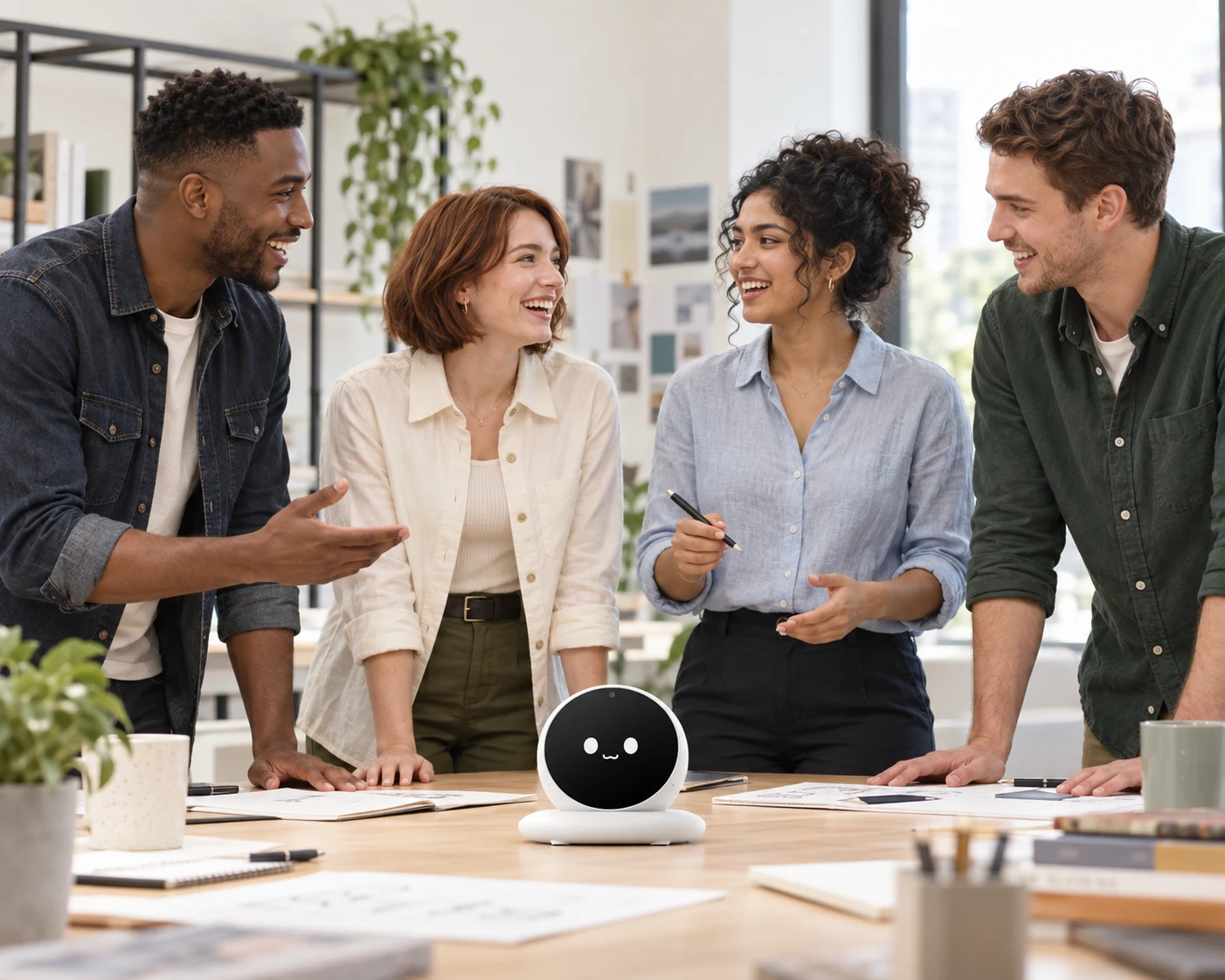 Four colleagues sharing a workspace with the DM03 Desktop Companion — generated lifestyle concept