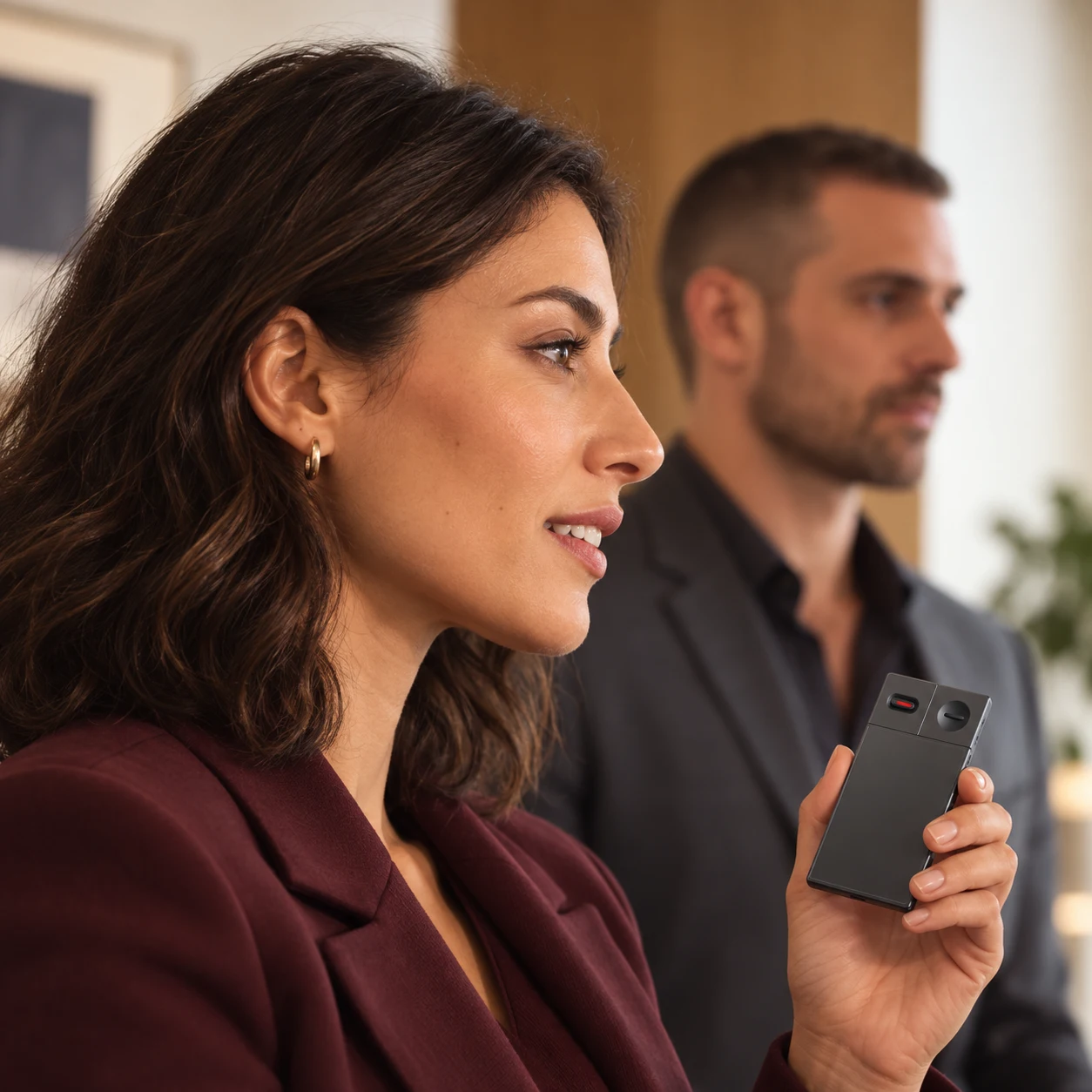 Woman in a burgundy jacket holding the AI Voice Recorder at a conference — generated lifestyle concept