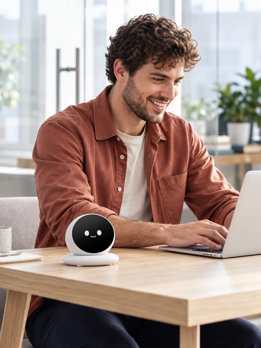 Man working beside the DM03 Desktop Companion — generated lifestyle concept