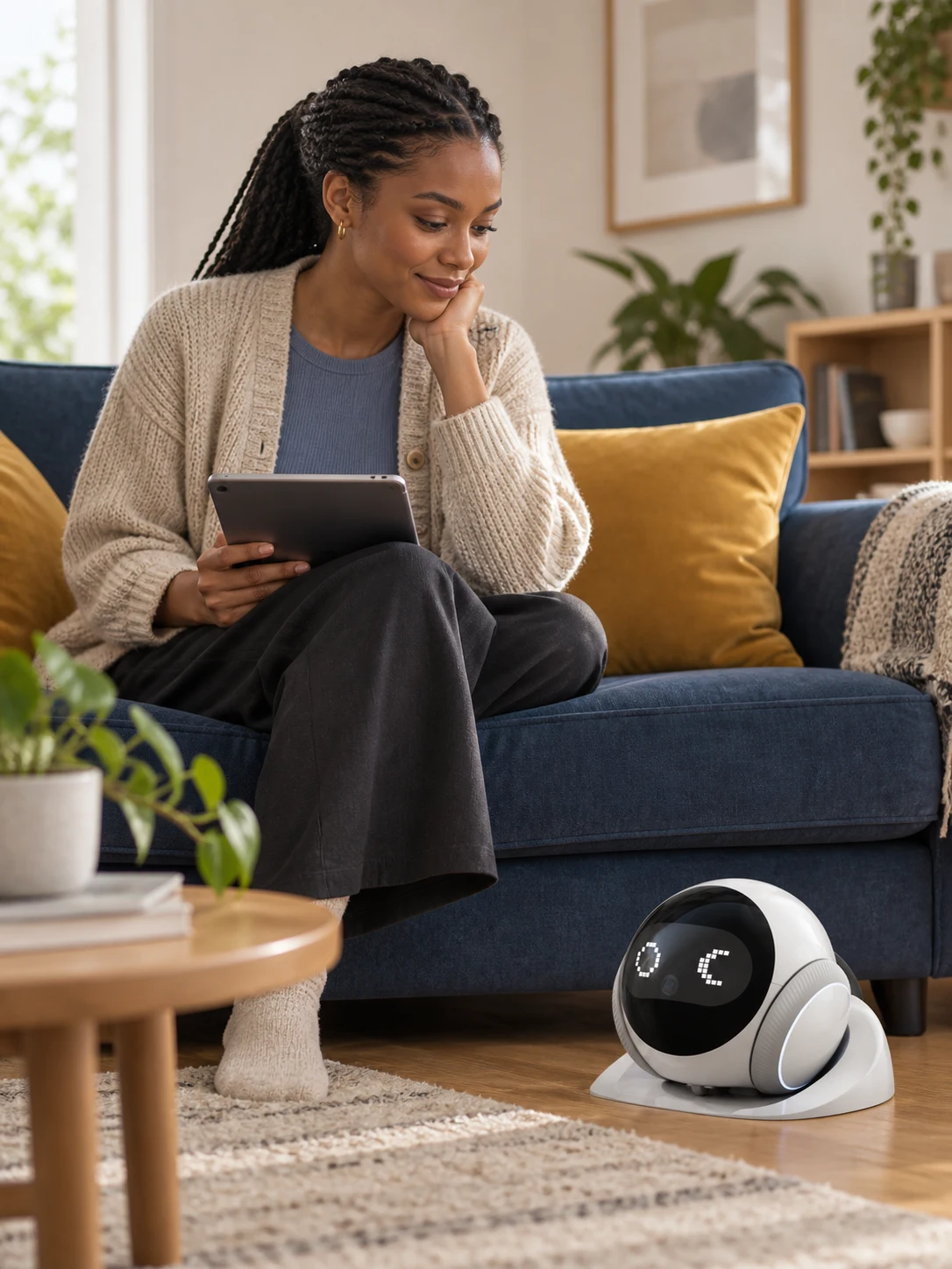 Woman relaxing at home beside the SC-S1 Companion Robot — generated lifestyle concept