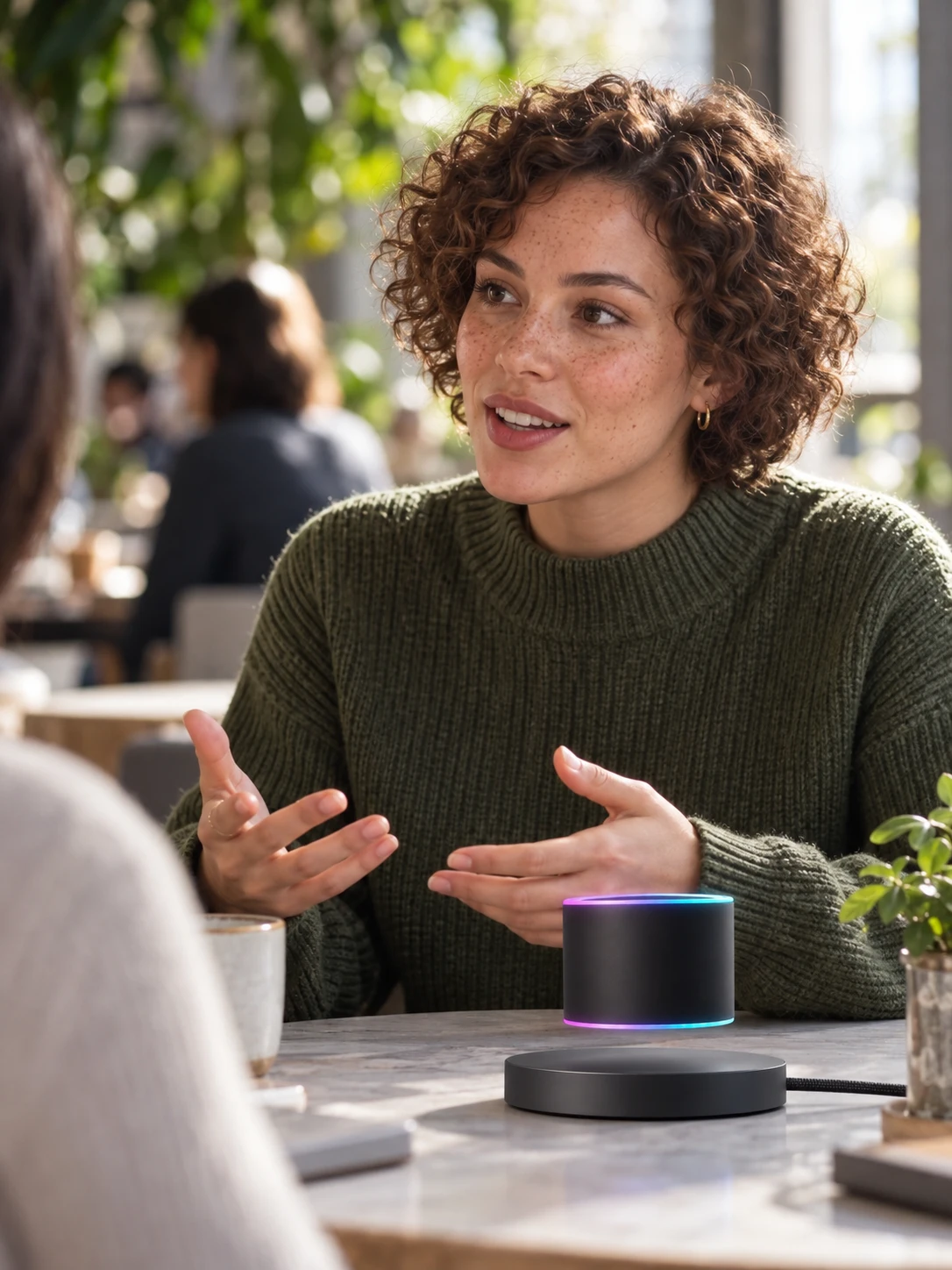 Friends talking beside the Levitating Speaker in a leafy lounge — generated lifestyle concept