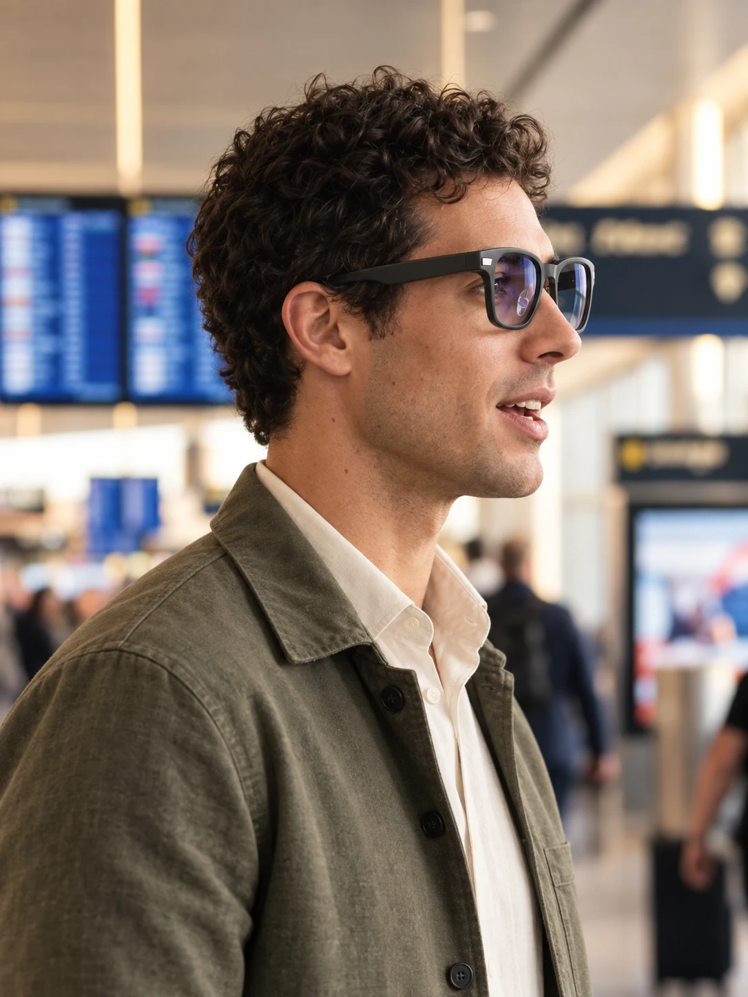Traveler wearing AR99 Display Glasses while waiting at an airport gate — generated lifestyle concept