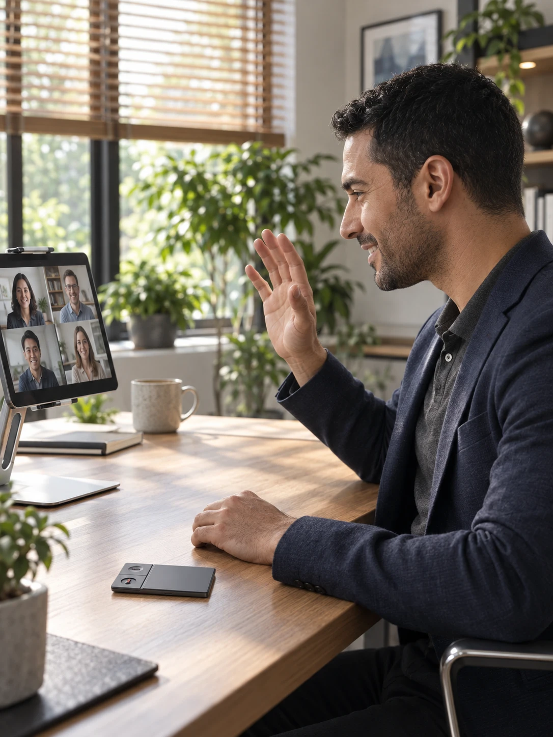Professional on a video call with the AI Voice Recorder on his desk — generated lifestyle concept