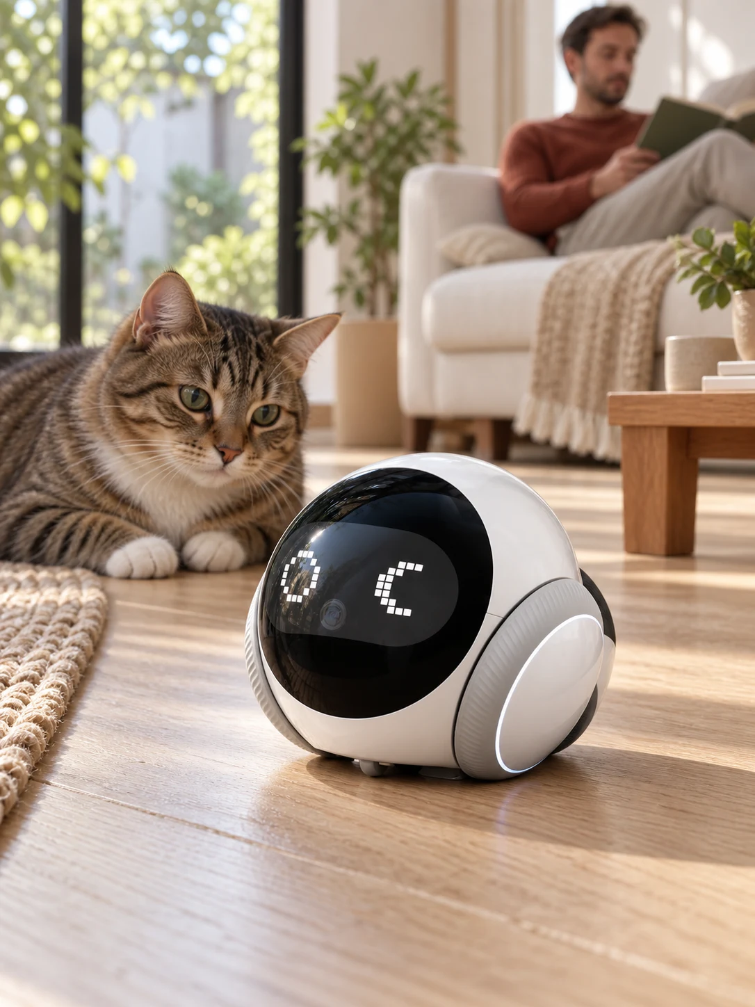 SC-S1 beside a tabby cat in an oak and linen living room — generated lifestyle concept