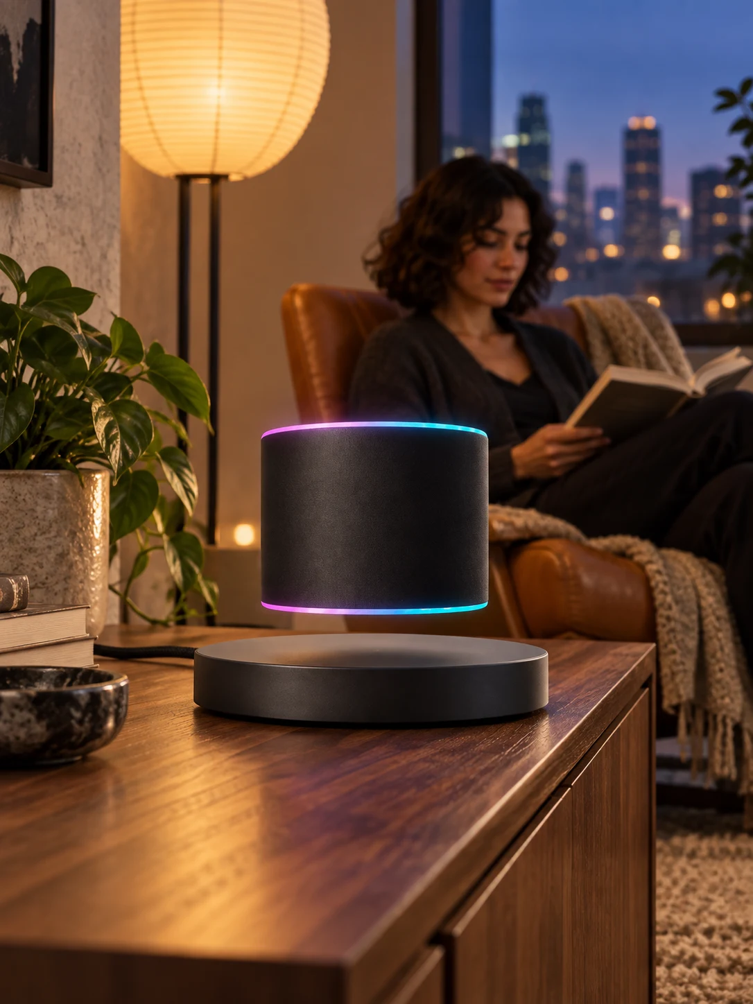 Levitating speaker beside a reader at blue hour — generated lifestyle concept