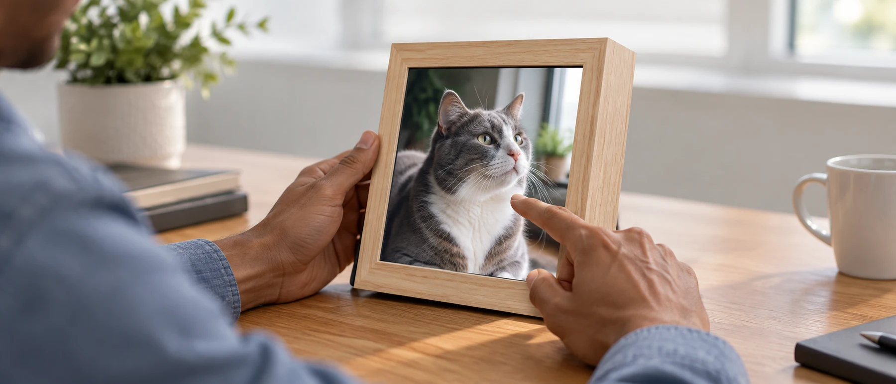 Hands holding a wooden Lightfield Frame with an illustrative cat portrait — generated lifestyle concept