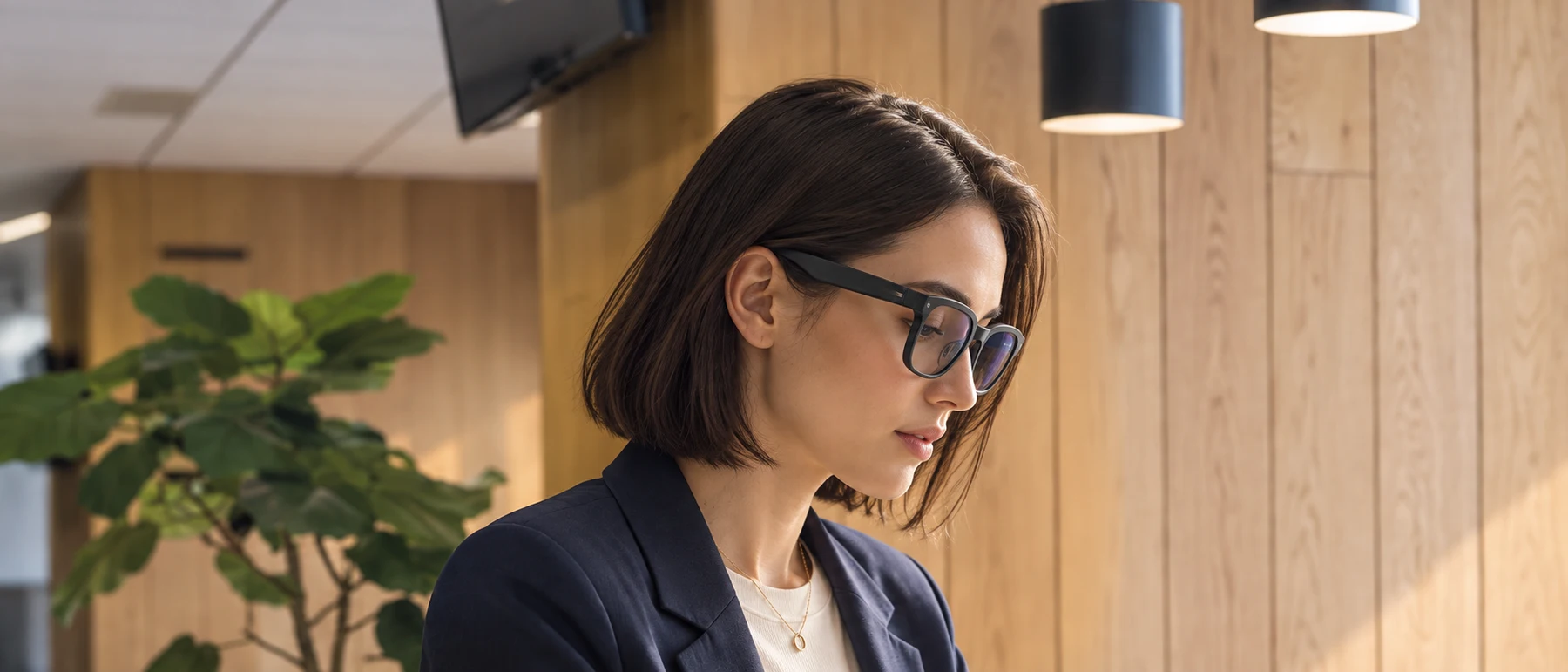 Woman wearing AR99 Display Glasses in a warm timber workspace — generated lifestyle concept