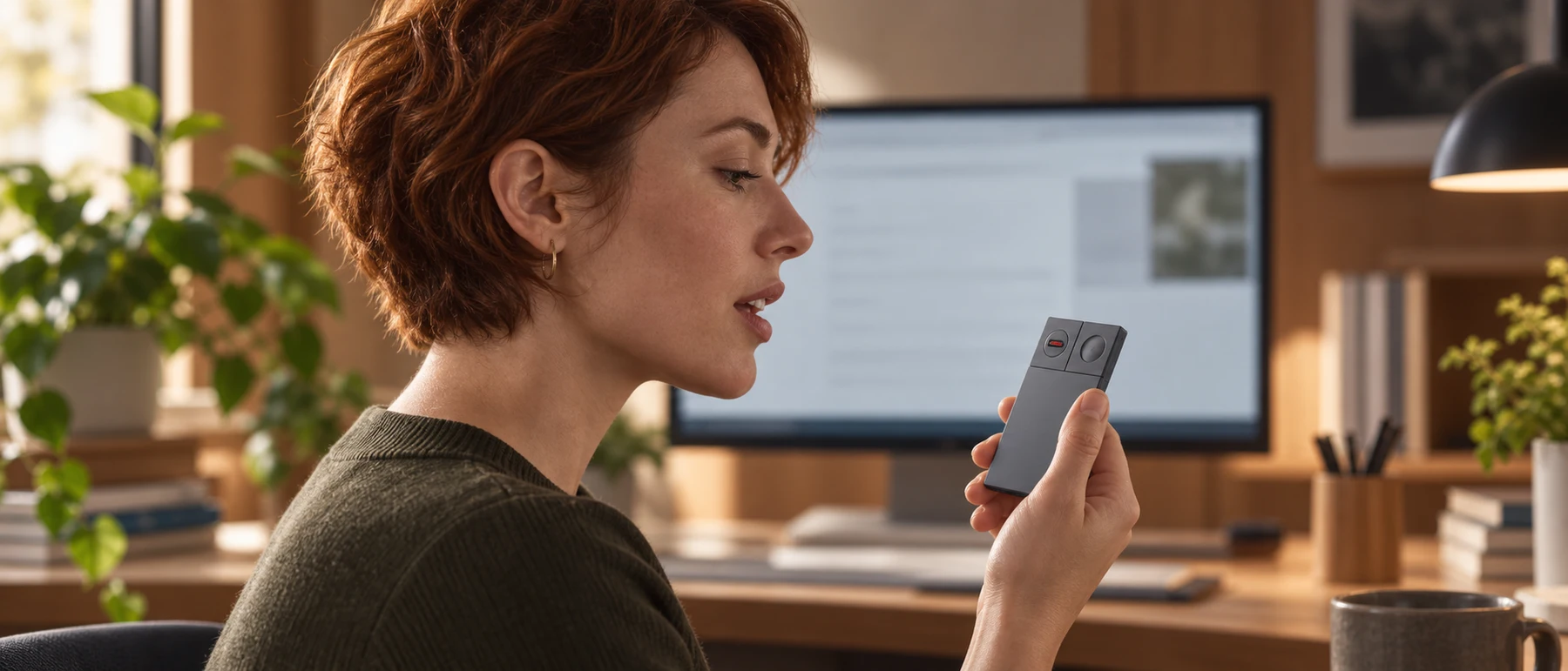 Woman recording a spoken idea with the AI Voice Recorder at her desk — generated lifestyle concept