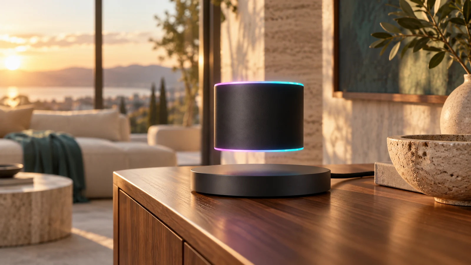 A floating speaker in a sunset living room — generated lifestyle concept