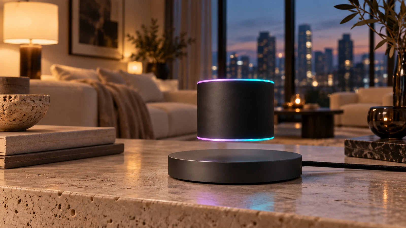 Levitating speaker on a stone counter at blue hour — generated lifestyle concept