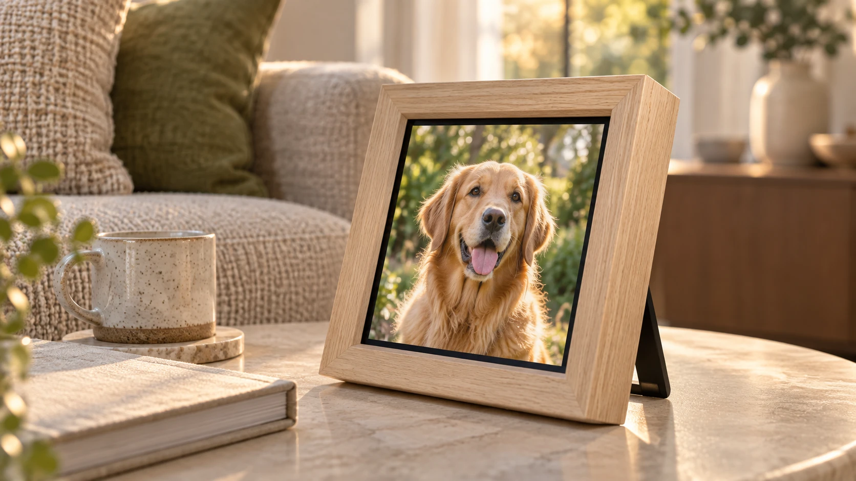 Wooden Lightfield Frame displaying a dog portrait — generated lifestyle concept