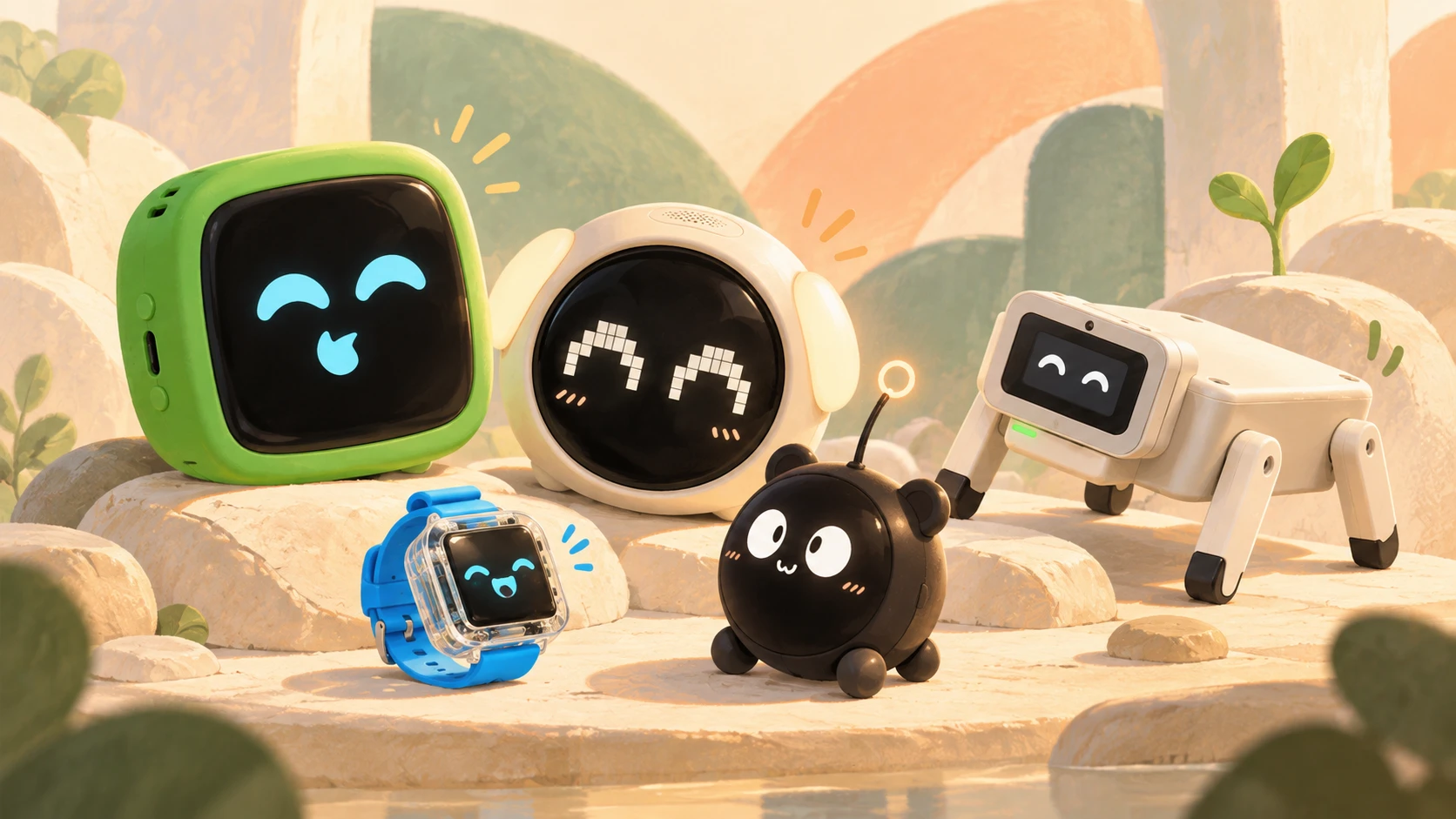An illustrated gathering of Nexora's small robot companions