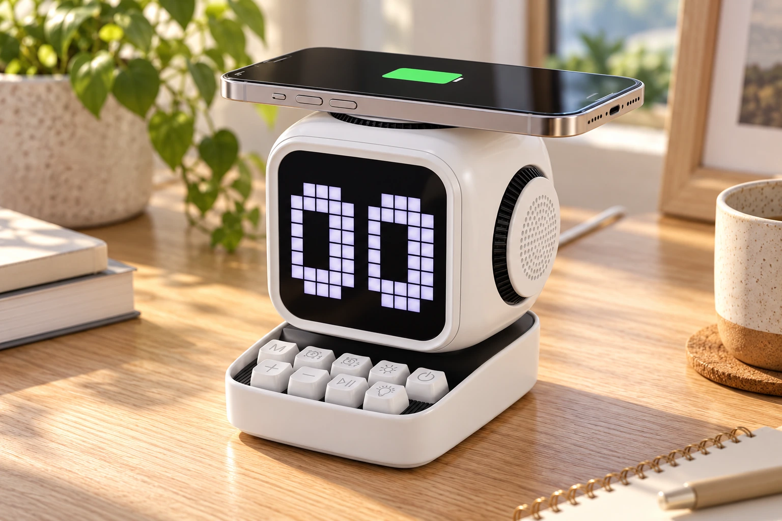 White PIXO on a sunlit desk with a compatible phone resting on its charging pad