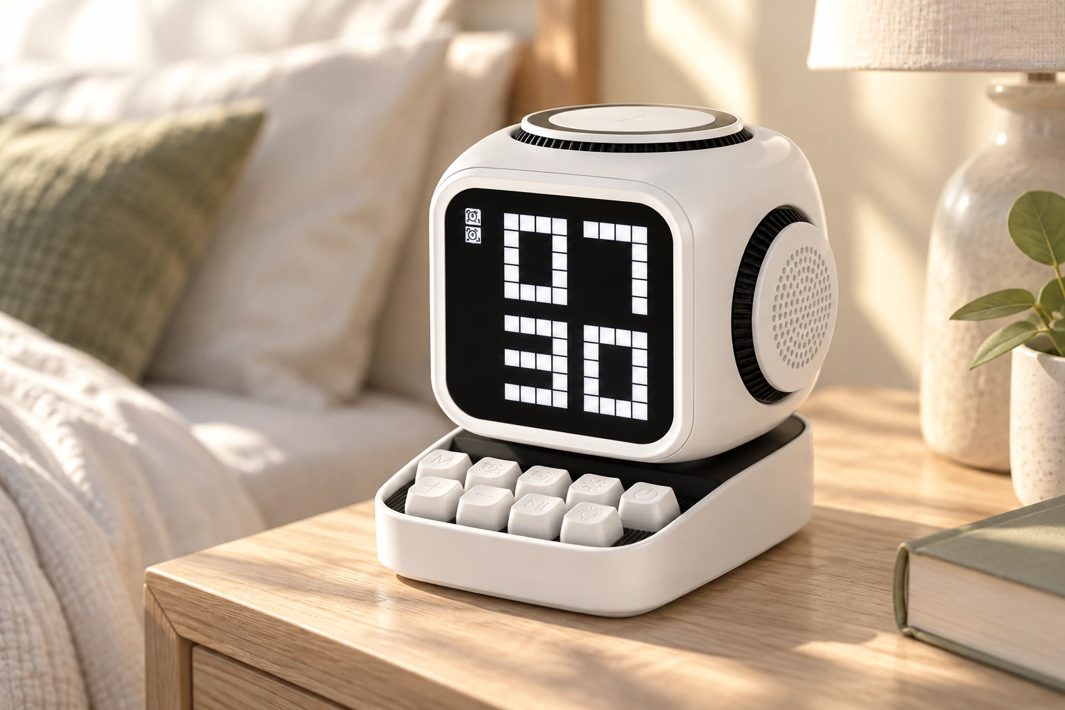 White PIXO displaying 7:30 on a sunlit bedside table