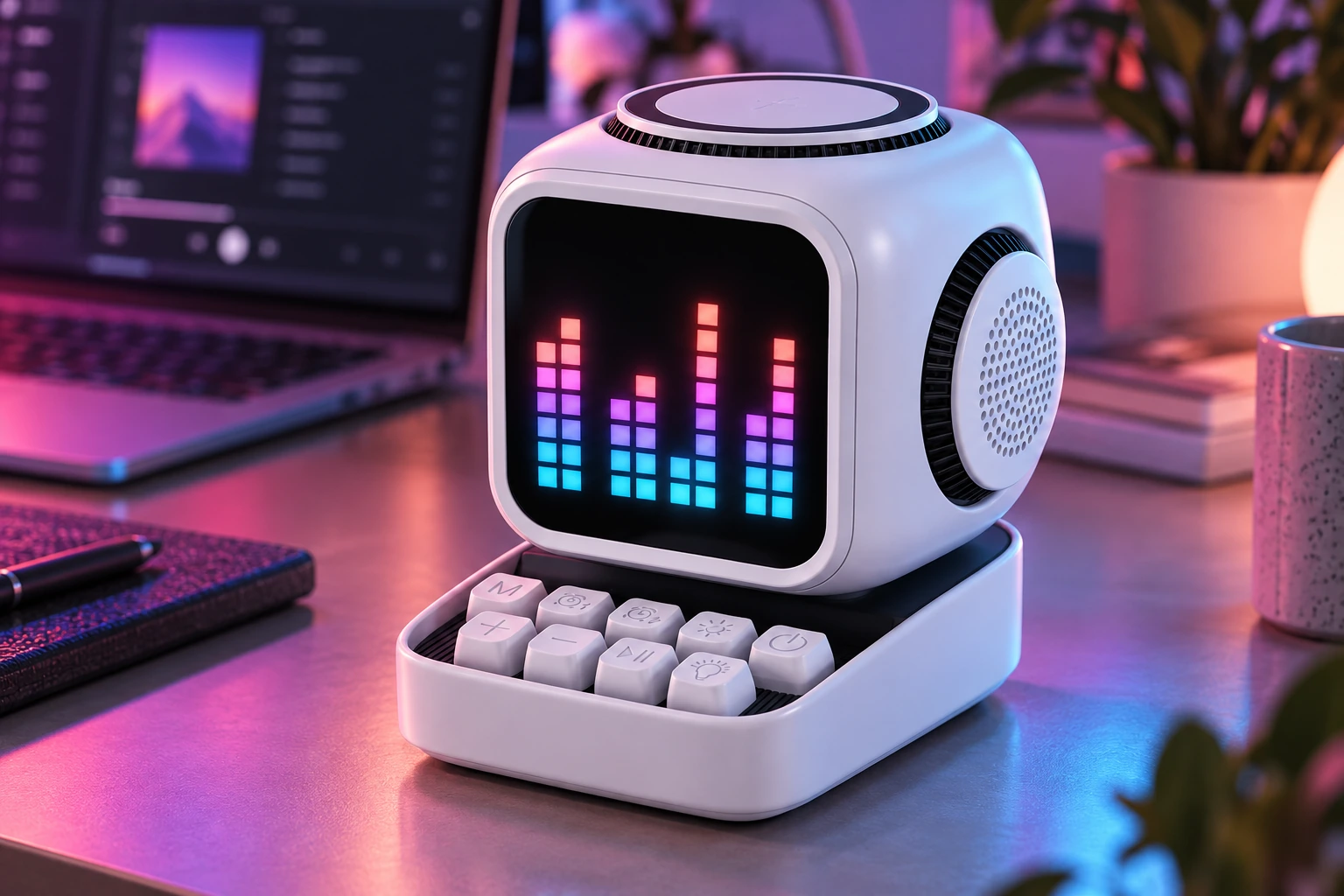 White PIXO displaying colourful music-rhythm bars on a desk beside a laptop