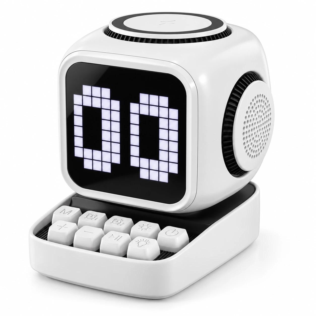 White PIXO with pixel eyes, nine physical controls and a top phone-charging pad
