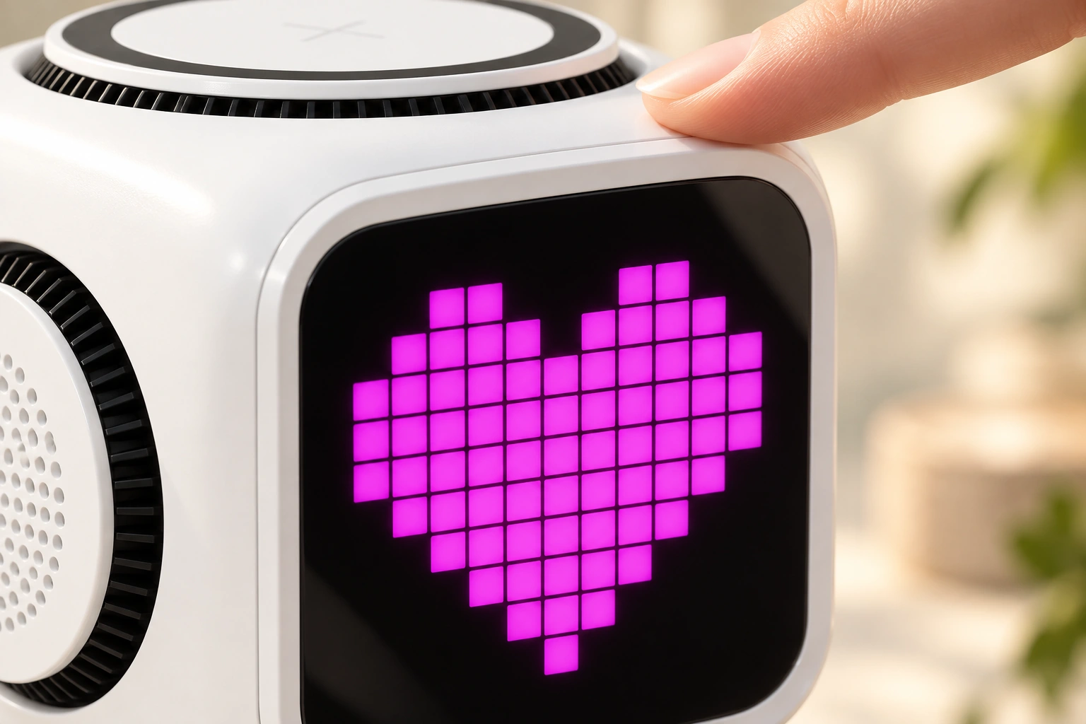 Close-up of white PIXO displaying a magenta pixel heart, with a fingertip on the upper rim