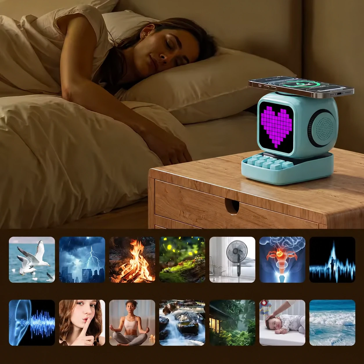 Lifestyle scene of a blue PIXO beside a sleeping person, with a phone charging and a collage of sound themes below