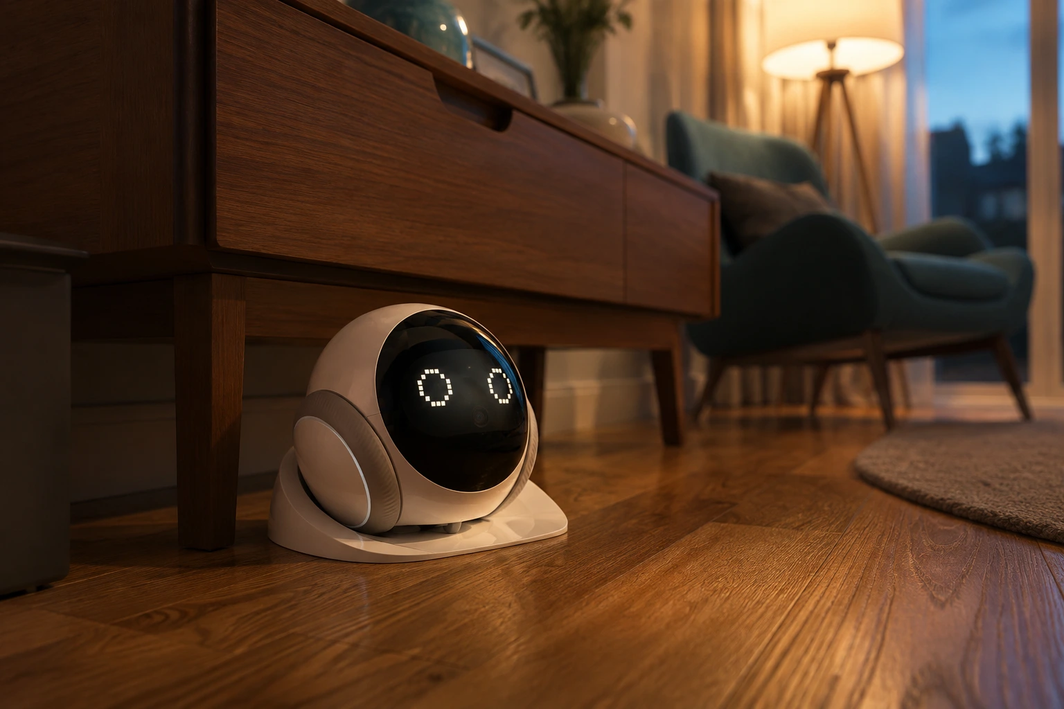 SC-S1 at its charging dock under a walnut console — generated lifestyle concept