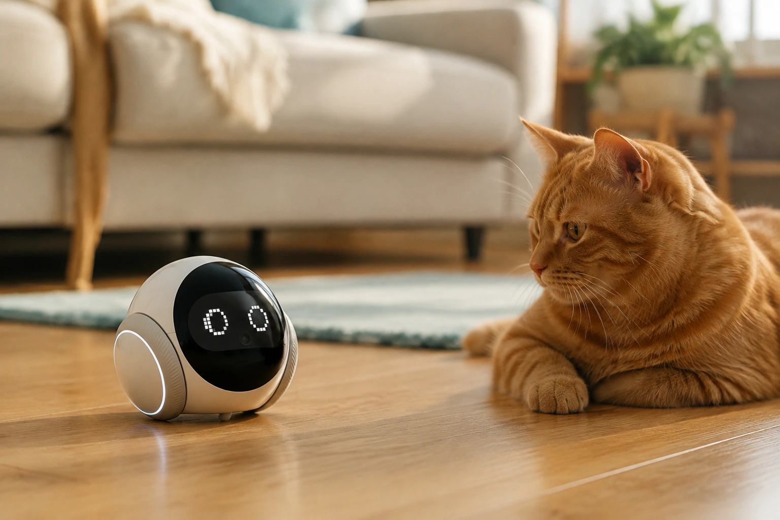 SC-S1 beside an orange cat in a living room — generated lifestyle concept