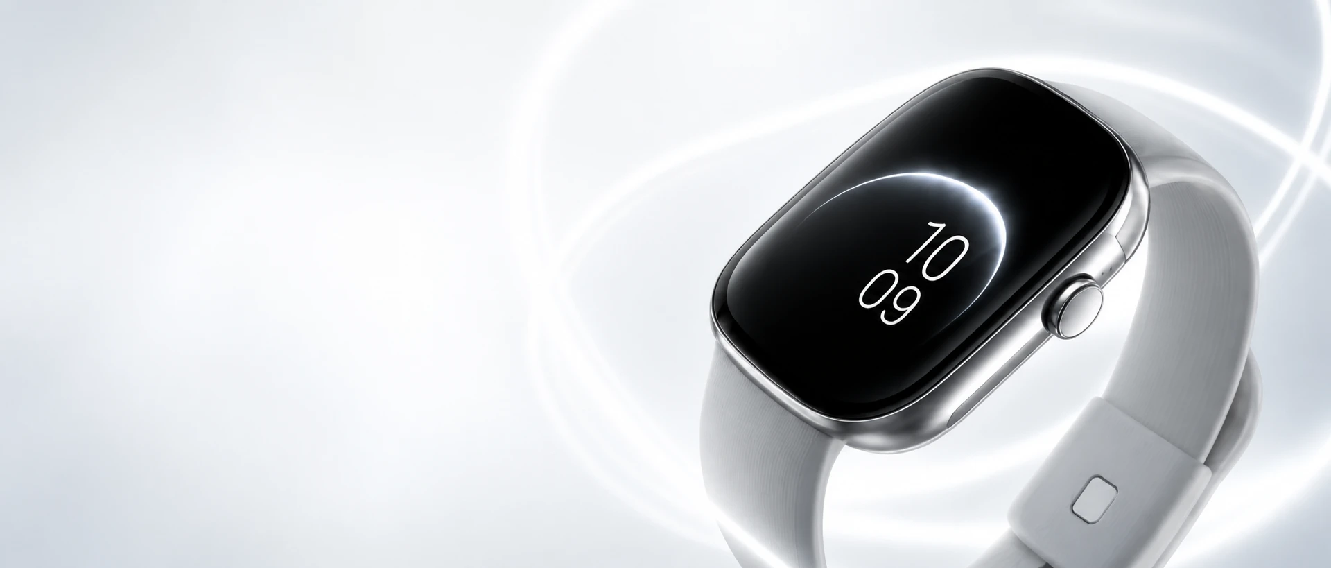 Silver smartwatch concept on a luminous pearl background